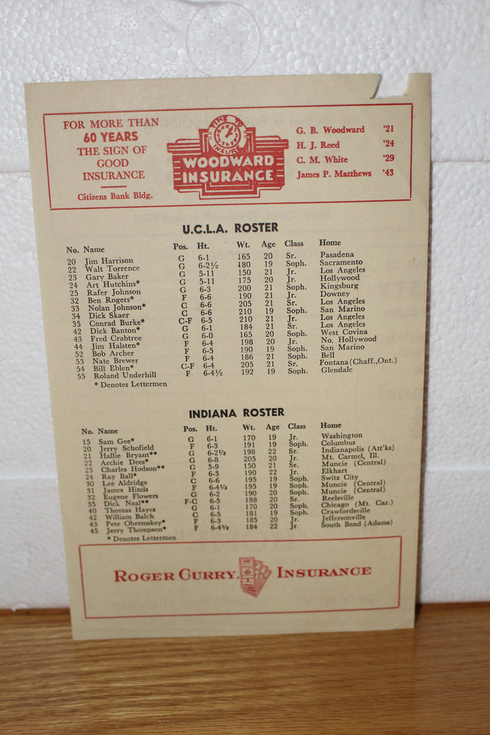 1956 Indiana University vs UCLA Basketball Program - Vintage Indy Sports