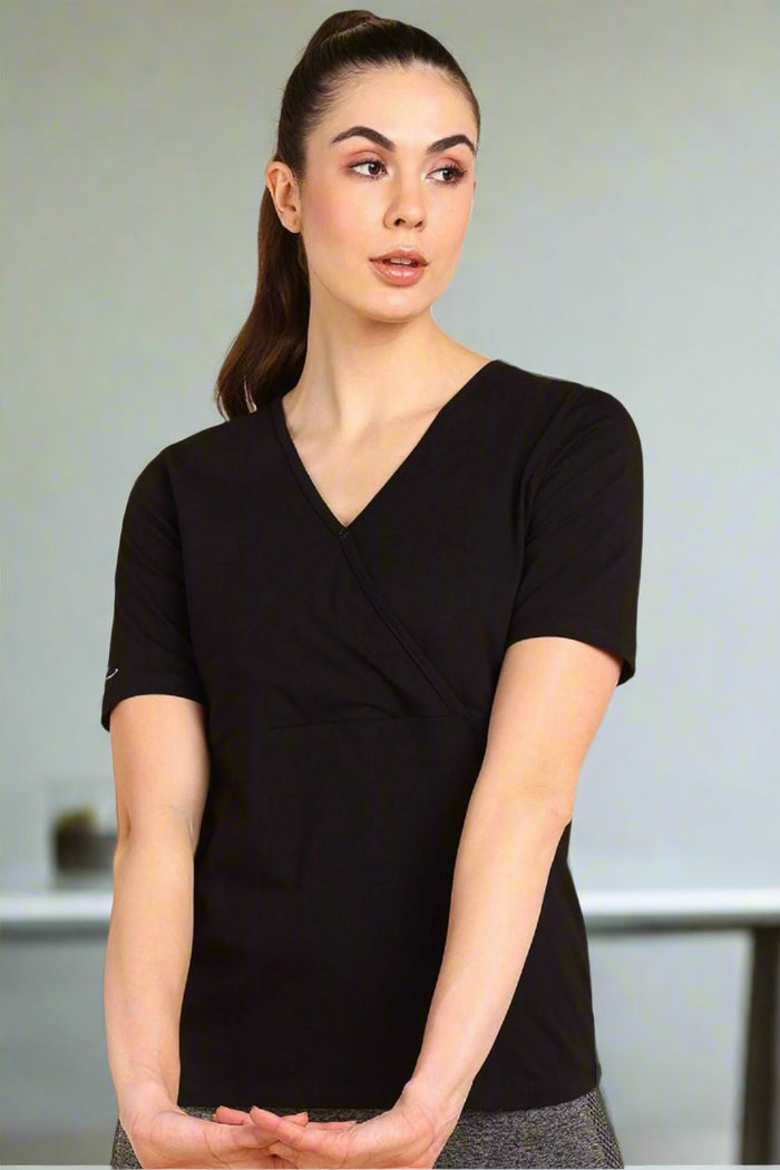 247 Zactive Black Zipless Maternity Feeding Top - Front view showing breathable fabric and practical nursing access.