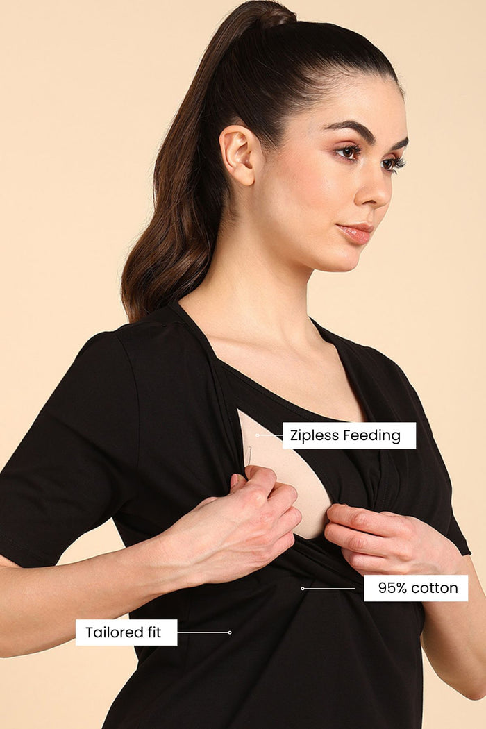 247 Zactive Black Zipless Maternity Feeding Top - Side profile highlighting feeding-friendly neckline and relaxed fit.
