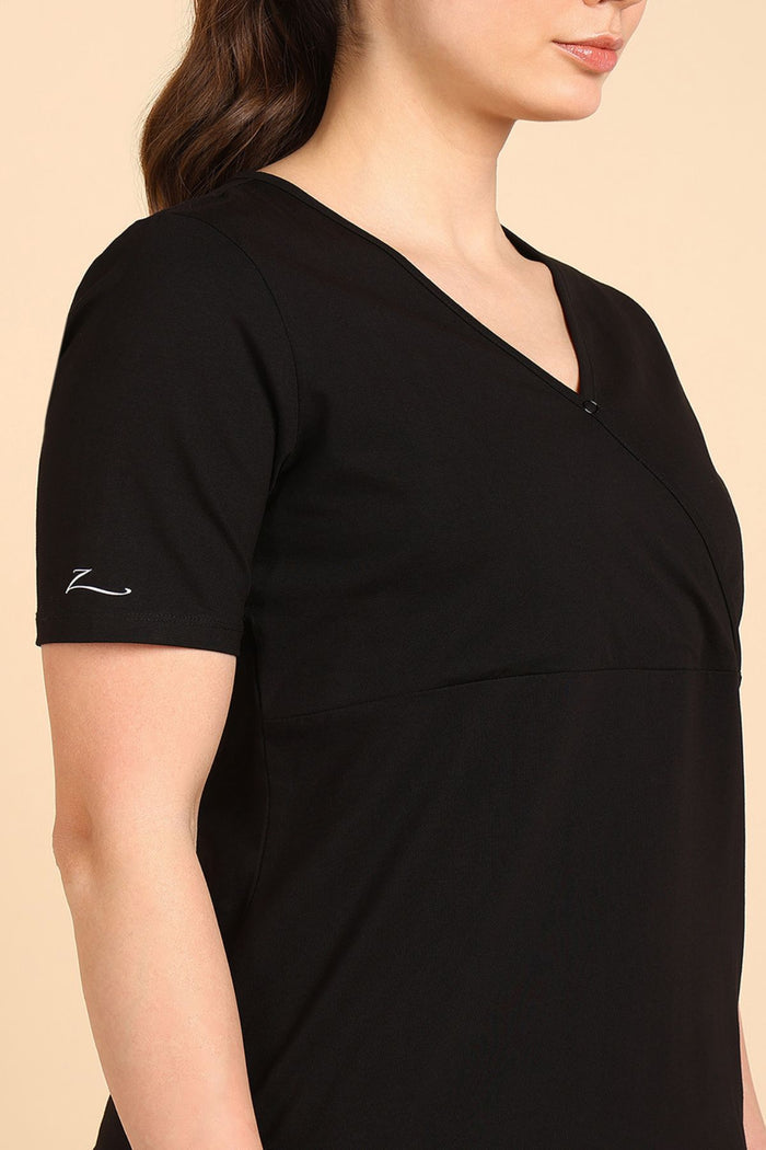 247 Zactive Black Zipless Maternity Feeding Top - Front view showing breathable fabric and practical nursing access.