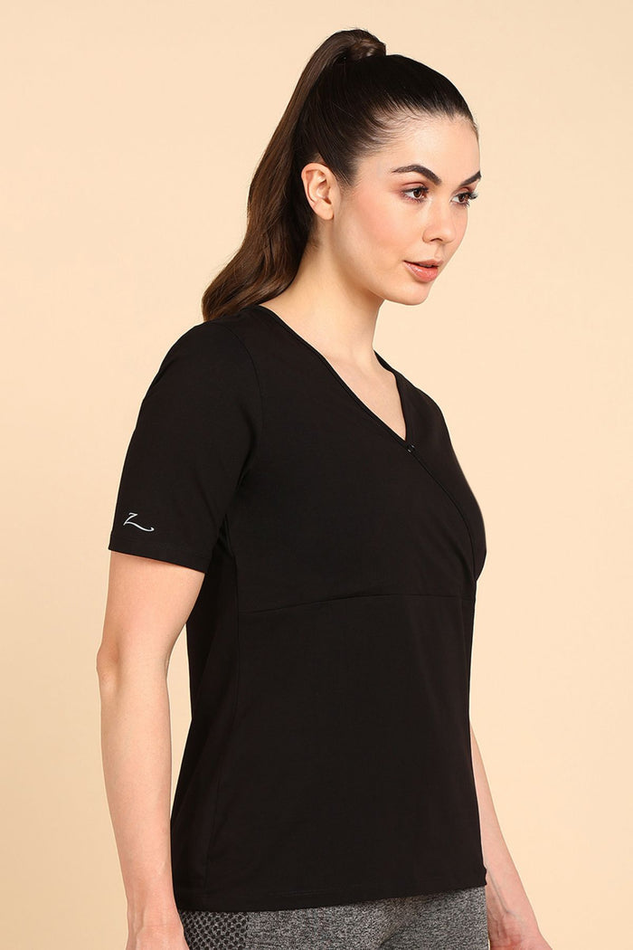 247 Zactive Black Zipless Maternity Feeding Top - Front view showing breathable fabric and practical nursing access.