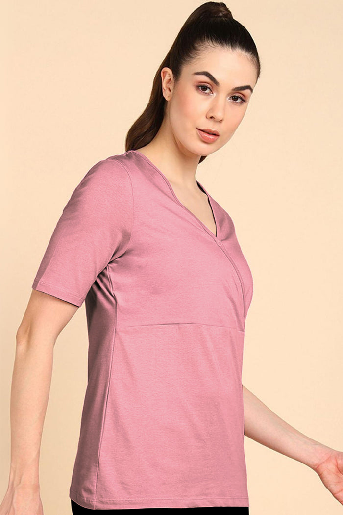 247 Zactive Deep Salmon Zipless Maternity Feeding Top - Side profile highlighting feeding-friendly neckline and relaxed
