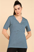 247 Zactive M Blue Zipless Maternity Feeding Top - Front view showing breathable fabric and practical nursing access.