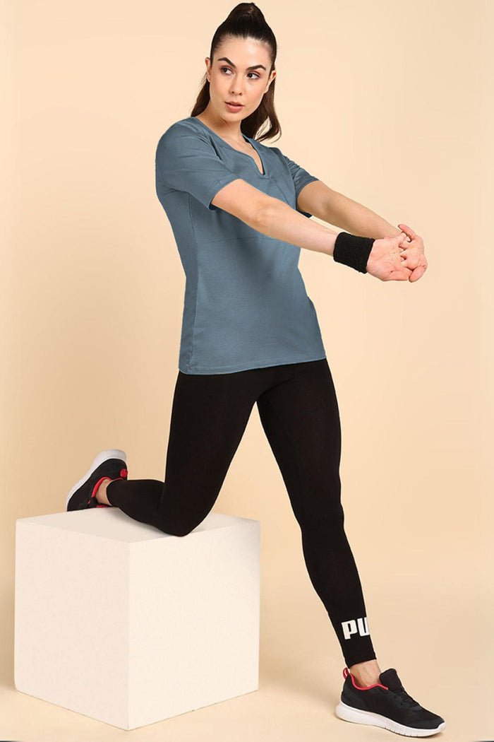 247 Zactive M Blue Zipless Maternity Feeding Top - Side profile highlighting feeding-friendly neckline and relaxed fit.