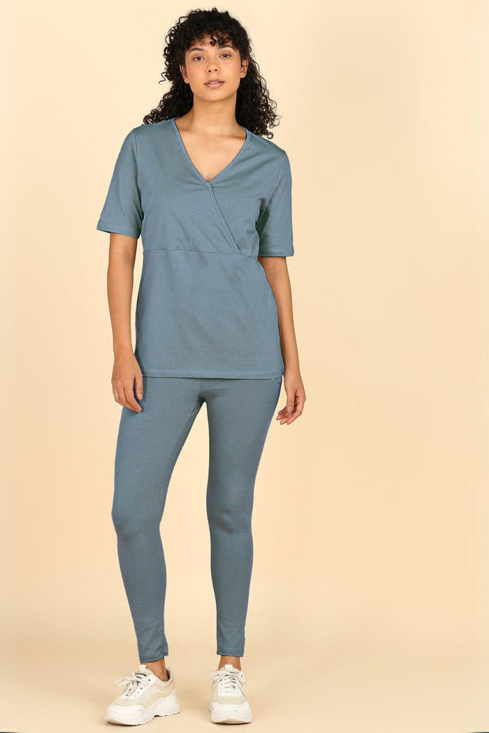247 Zactive M Blue Zipless Maternity Feeding Top - Front view showing breathable fabric and practical nursing access.