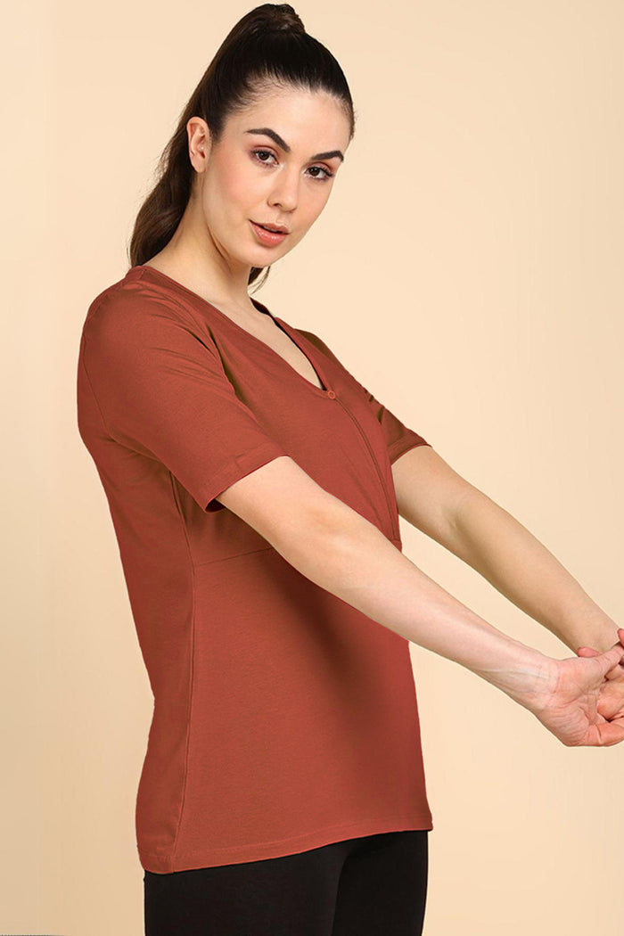 247 Zactive Rust Zipless Maternity Feeding Top - Front view showing breathable fabric and practical nursing access.
