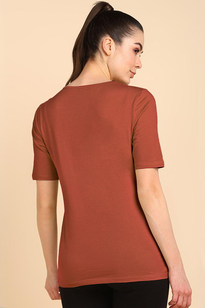 247 Zactive Rust Zipless Maternity Feeding Top - Side profile highlighting feeding-friendly neckline and relaxed fit.