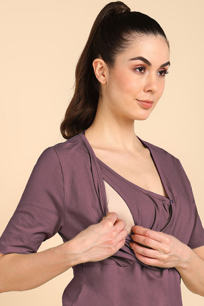 247 Zactive™ Deep Woodrose Zipless Maternity Feeding Top - Side profile highlighting feeding-friendly neckline and