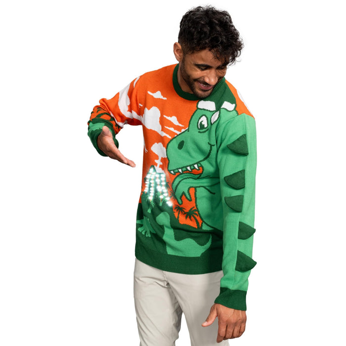 3D T-Rex Santa Hat Adult Unisex LED Light Up Ugly Christmas Sweater - TVStoreOnline