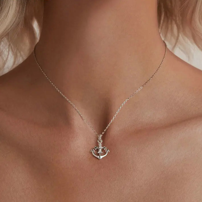925 Sterling Silver Anchor Necklace, White Gold Plated Classic Necklace with Cubic Zirconia Jewelry Gift for Women