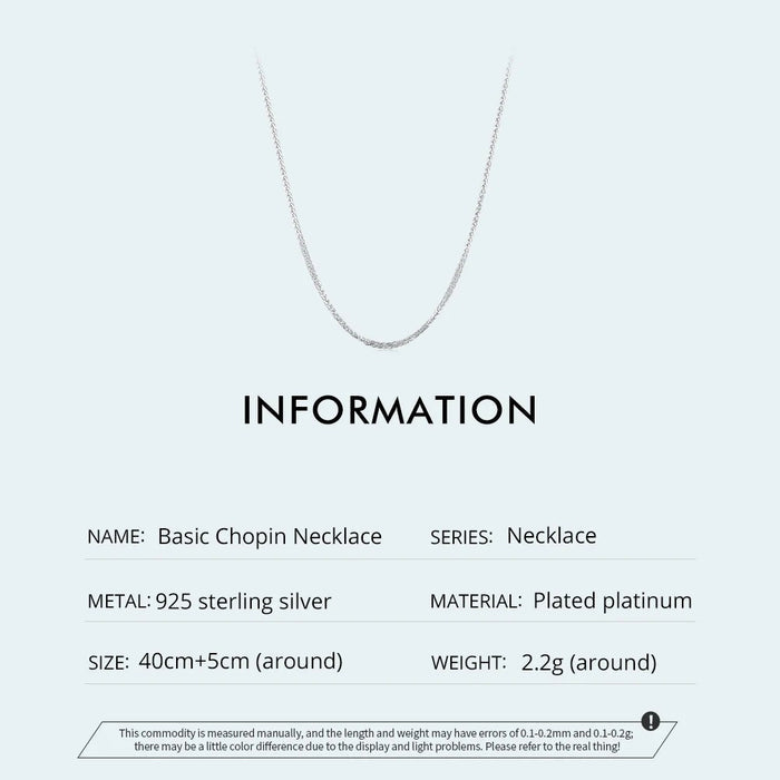 925 Sterling Silver Basic Chopin Necklace Simple Style Chain Link for Women Platinum Plated Fine Jewelry