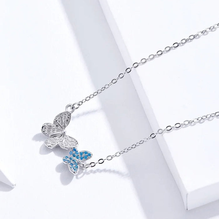 925 Sterling Silver Blue Zircon Flying Butterfly Necklace Women Birthday Gift Korean Style Fashion Jewelry Gift