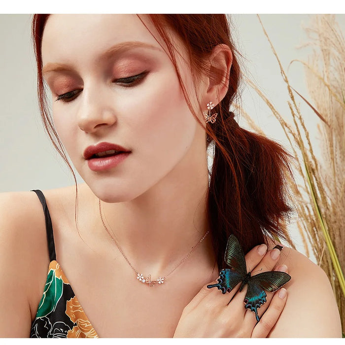 925 Sterling Silver Butterfly and Flower Necklace Enamel Floral Short Choker Necklace Silver Korean Style Jewelry