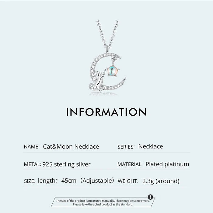 925 Sterling Silver Cat Moon Cute Animal Pendant Necklaces Women Silver Jewelry Gift