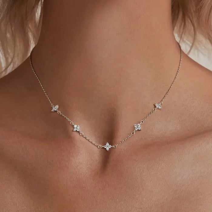 925 Sterling Silver Dainty Stars Necklace for Women, Four-Leaf Clover CZ Choker Chain Necklace Trendy Jewelry Gift