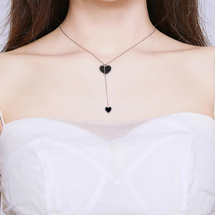 925 Sterling Silver Double Black Heart Pendant Necklace for Women Simple Black Enamel Y-shape Chain Necklace