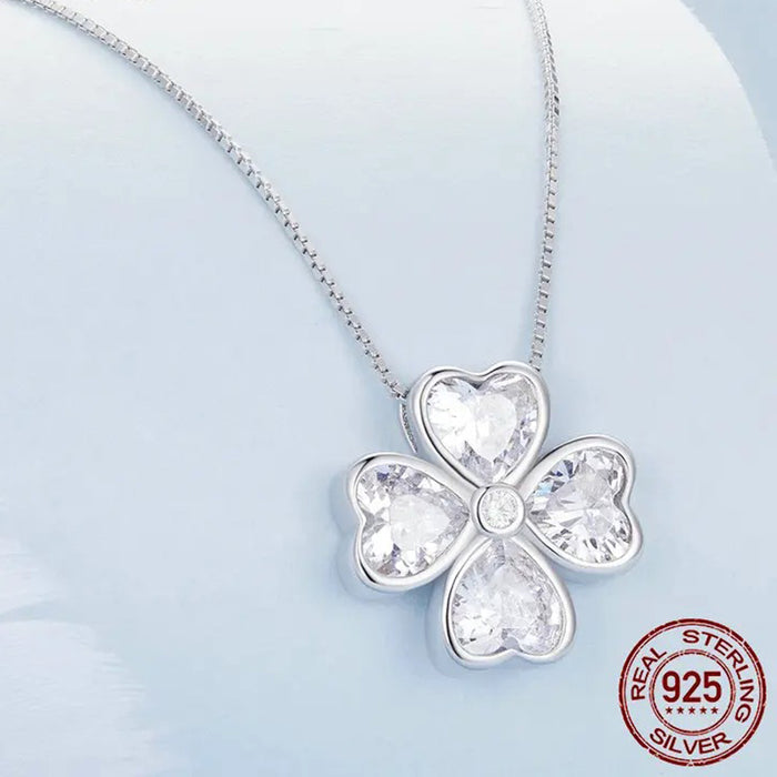 925 Sterling Silver Heart Shapped Lucky Four Leaf Clover Pendant Necklace Black Love Cross Neck Chain for Women