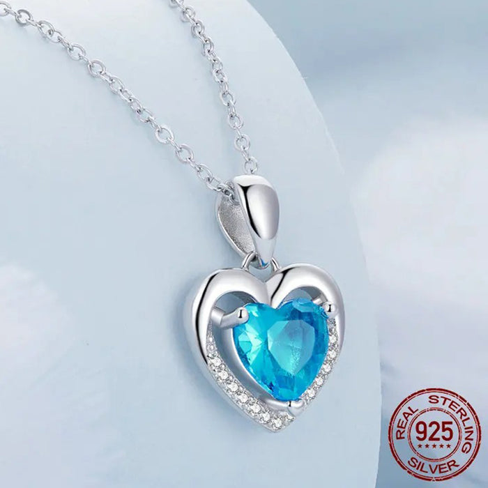 925 Sterling Silver Love Heart Pendant Necklace, Blue Clear Crystal Necklaces for Women Silver Fine Jewelry Gift