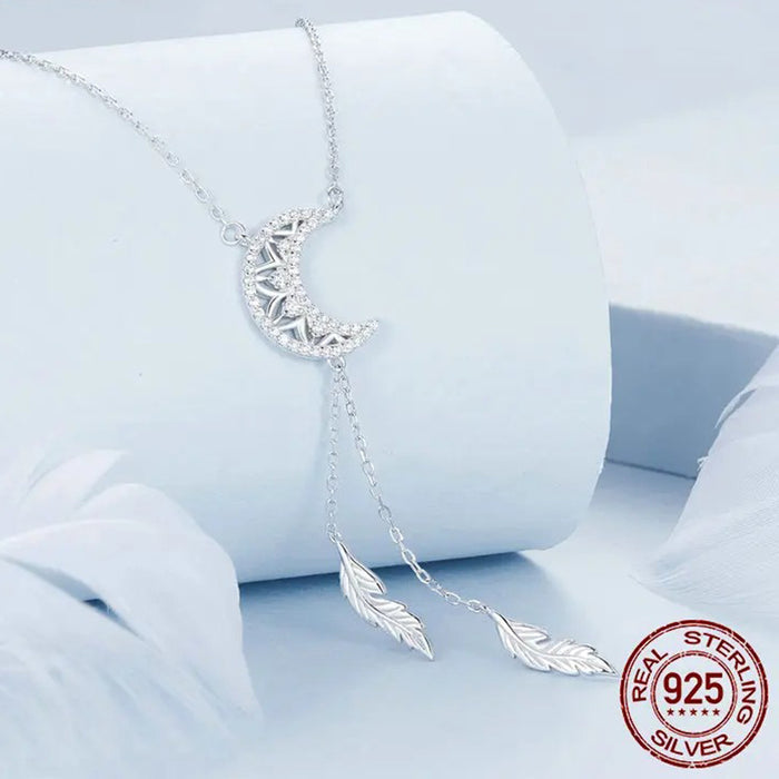 925 Sterling Silver Moon Dreamcatcher Pendant Necklace Feather Necklace for Women Fine Jewelry