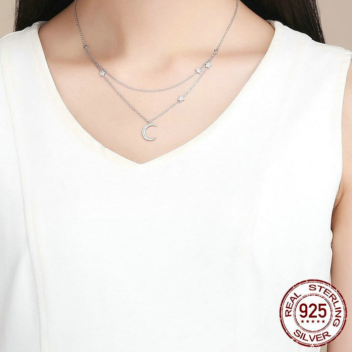 925 Sterling Silver Moon & Star Double Layers Chain Pendants Necklaces for Women Sterling Silver Jewelry
