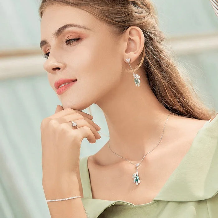 925 Sterling Silver Pink CZ Heart And Cute Bear Animal Pendant Necklaces for Women Silver Jewelry Gift