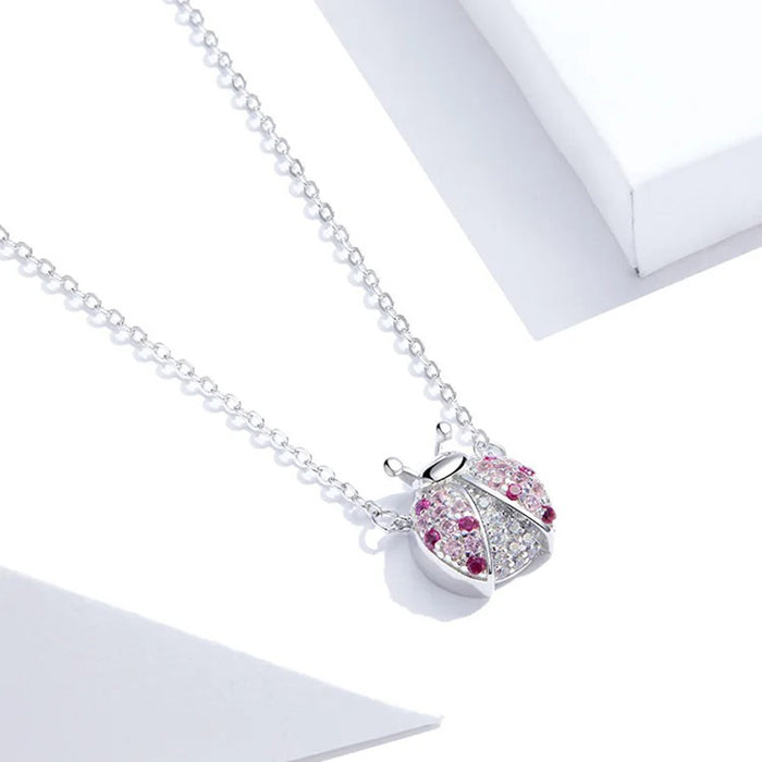 925 Sterling Silver Pink CZ Ladybug Insect Chain Pendant Necklace for Women 45cm Kid Gifts Fine Jewelry