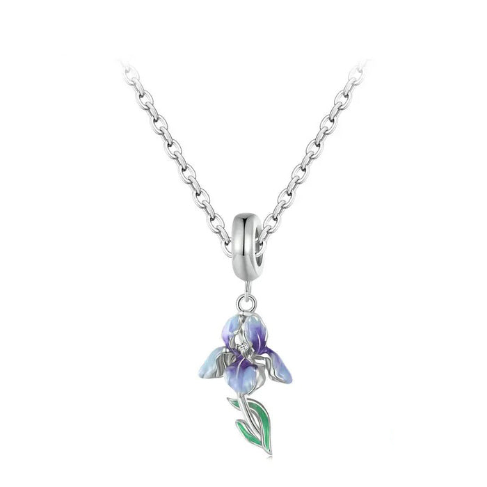 925 Sterling Silver Purple Enamel Iris Pendant Necklace Flower Neck Chain for Women Party Fine Jewelry Gift