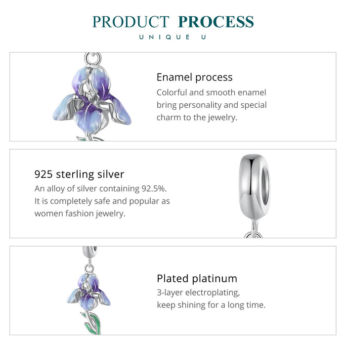925 Sterling Silver Purple Enamel Iris Pendant Necklace Flower Neck Chain for Women Party Fine Jewelry Gift