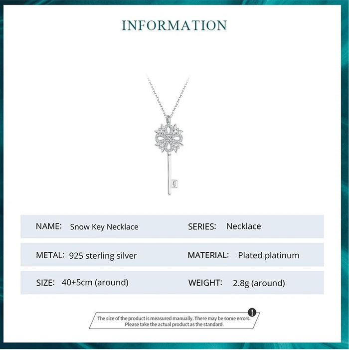 925 Sterling Silver Snowflake Key Pendant Necklace for Women Birthday Gift Clear Cubic Zircon Fashion Jewelry