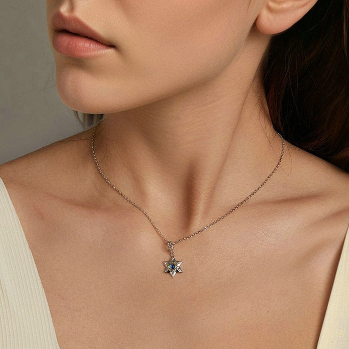 925 Sterling Silver Star of David Evil Eye Necklace, Starburst Demon Eye Pendant Protection Jewel for Women Men