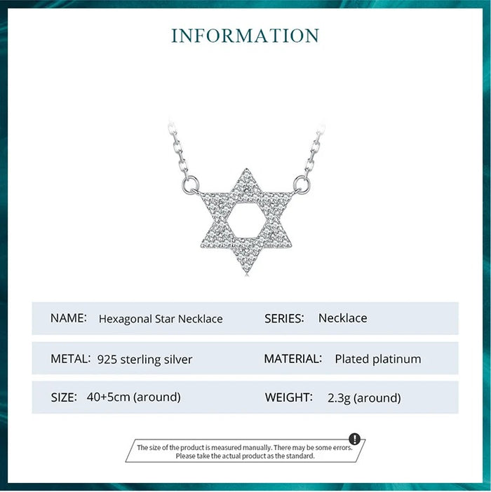 925 Sterling Silver Star of David Pendant Necklace Pave Setting CZ for Women Birthday Gift Fashion Fine Jewelry