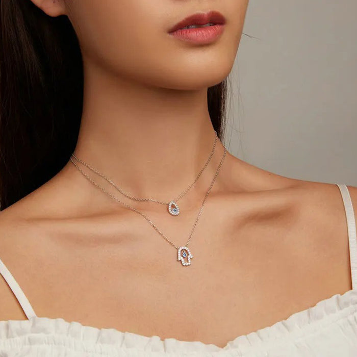 925 Sterling Silver Water-drop Shape Blue Zircon Devil's Eye Pendant Necklace for Women Classic Neck Chain Jewelry