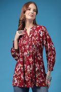 Dark Maroon Pleated Top; print offers style and fit for daily wear.