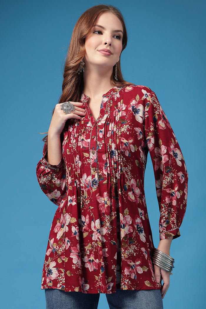 Dark Maroon Pleated Top; print offers style and fit for daily wear.