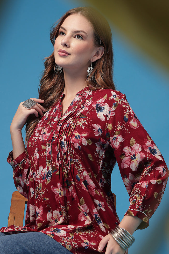 Dark Maroon Top Print; detailed pattern enhances the garment design.