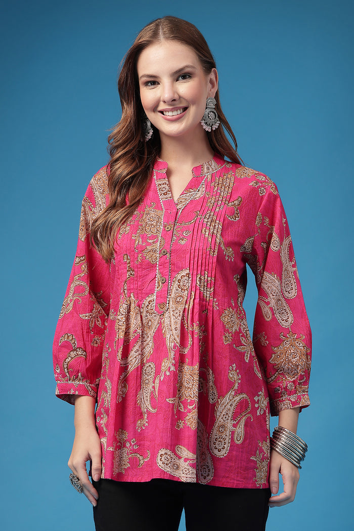 Fuchsia Pleated Top; print offers style and fit for daily wear.