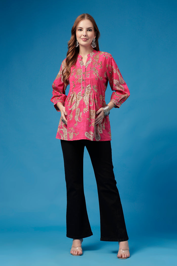 Fuchsia Top pleat detail; pleats add shape and comfort to the maternity top.