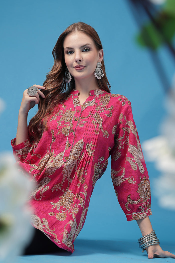 Fuchsia Top Print; detailed pattern enhances the garment design.