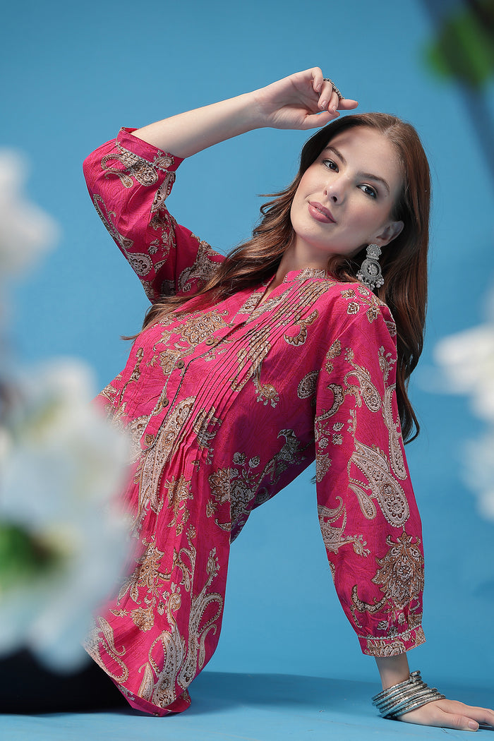 Fuchsia Pleated Top; comfortable pleats are suitable for wear during pregnancy and nursing.