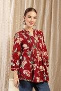 Maroon Printed Top; pleats offer extra room and flowy fit.