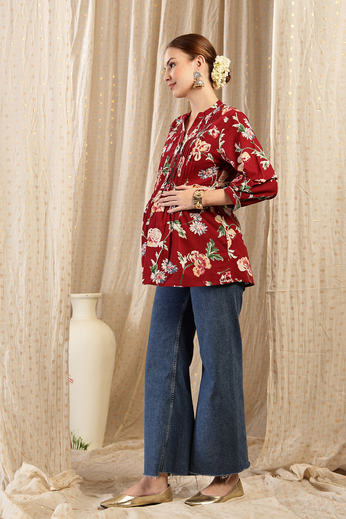 Maroon Pleated Top; design is suitable for wear during pregnancy.