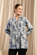 Sky Blue Printed Top; pleats offer extra room and flowy fit.