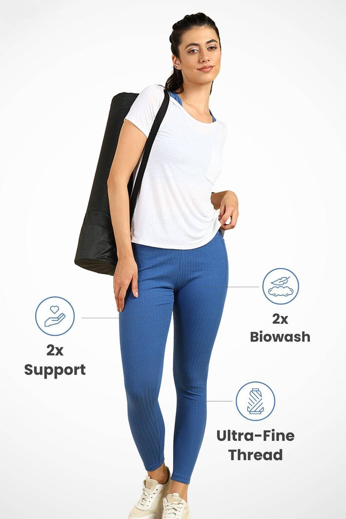 Model wearing Blue Mom Legging; high waist design shows fit and supports the abdomen.
