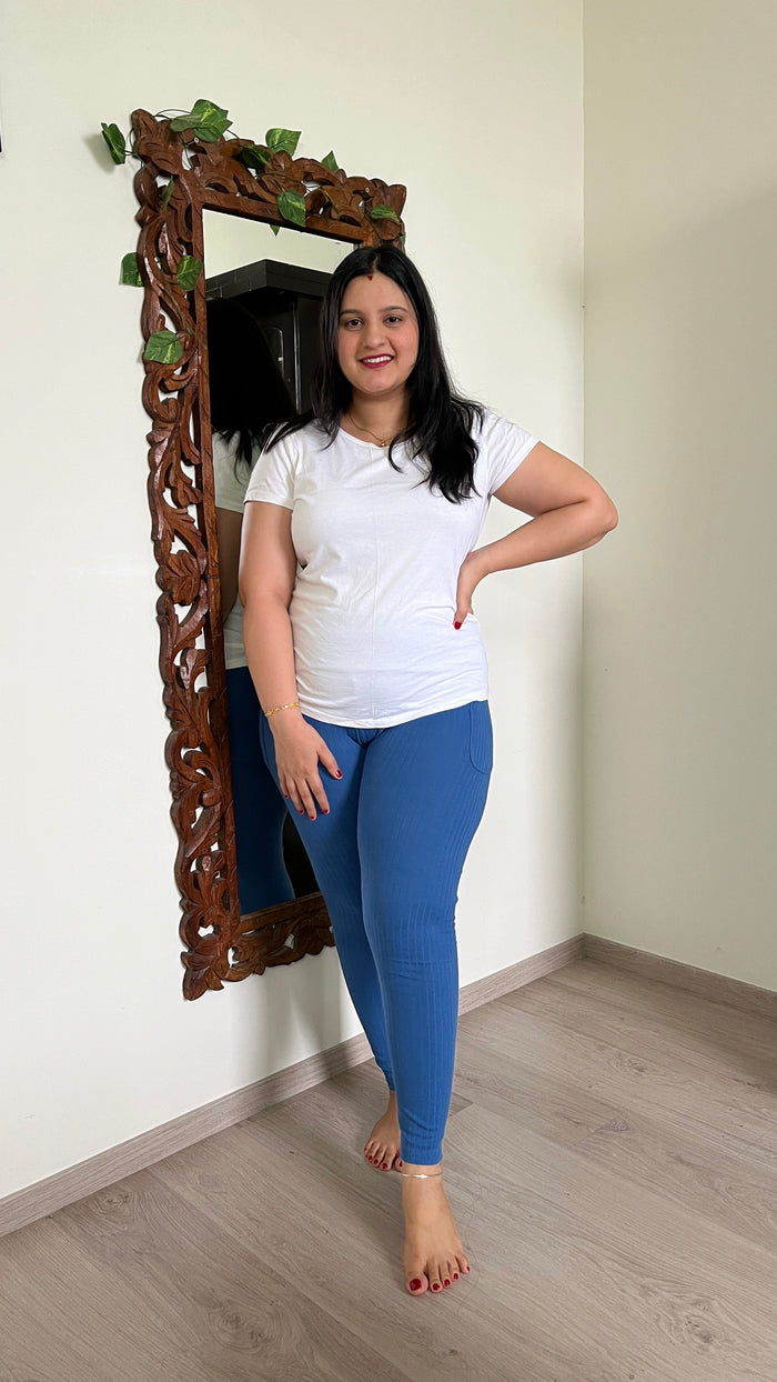 Blue Mom Legging waist panel; seamless panel covers and supports core for coverage.