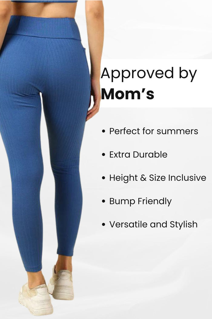 Blue Mom Legging side view; fabric adapts to body size and allows movement.