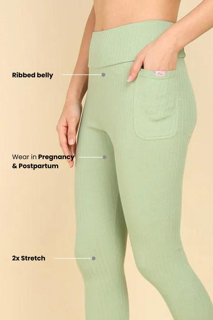 Pistachio Green Mom Legging waist panel; seamless panel covers and supports core for coverage.