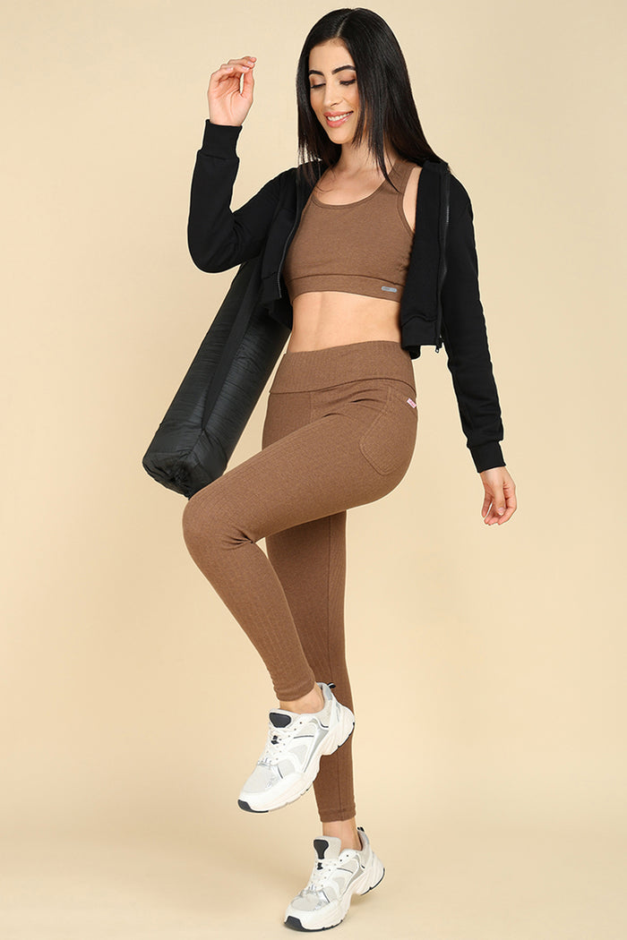 Melange Brown Ribbed Cotton Mom Legging; stretch fit provides comfort and style for daily mom wear.