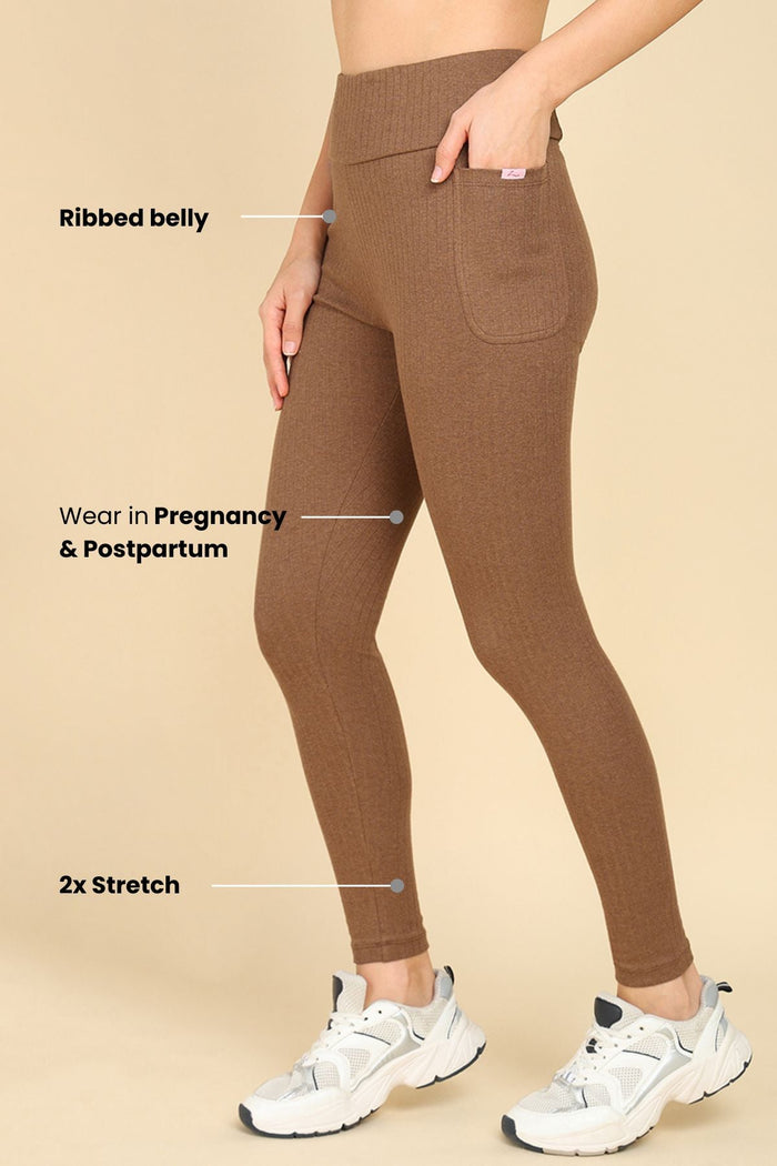 Melange Brown Mom Legging waist panel; seamless panel covers and supports core for coverage.