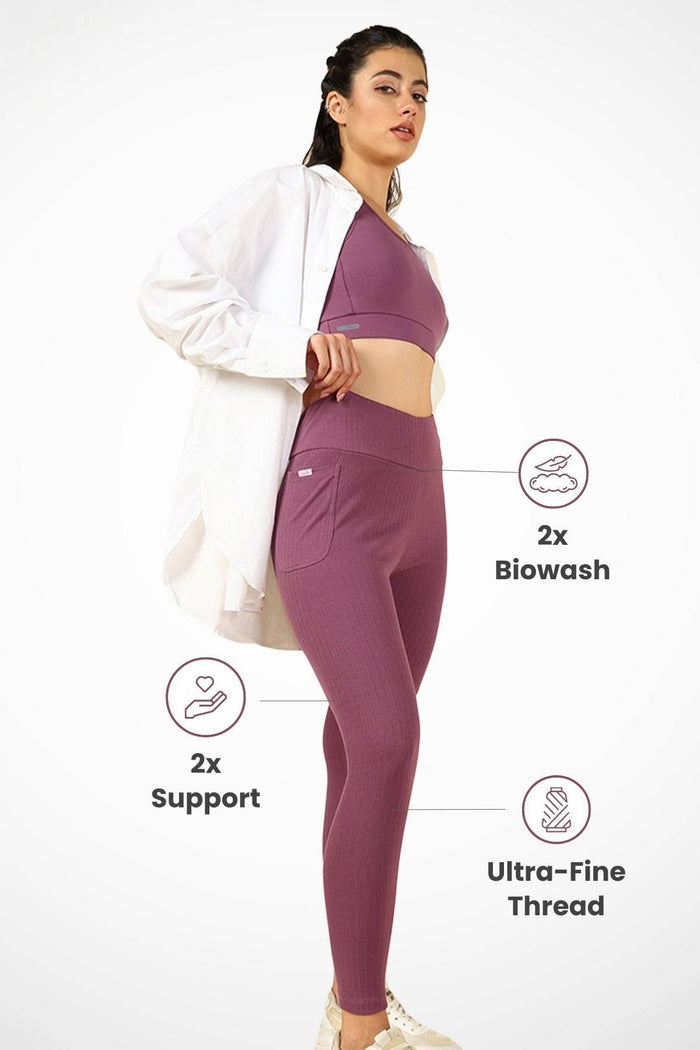 Model wearing Rosewood Mom Legging; high waist design shows fit and supports the abdomen.