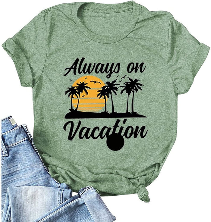 Always On Vacation T-Shirt for Women Funny Vacation Retro Sunset Shirt